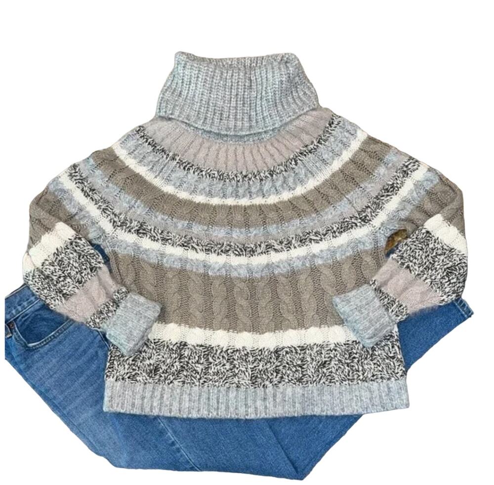 NWT LOFT Beige/Grey/Cream Neutral Multi Striped Turtleneck Cable Sweater - SMALL